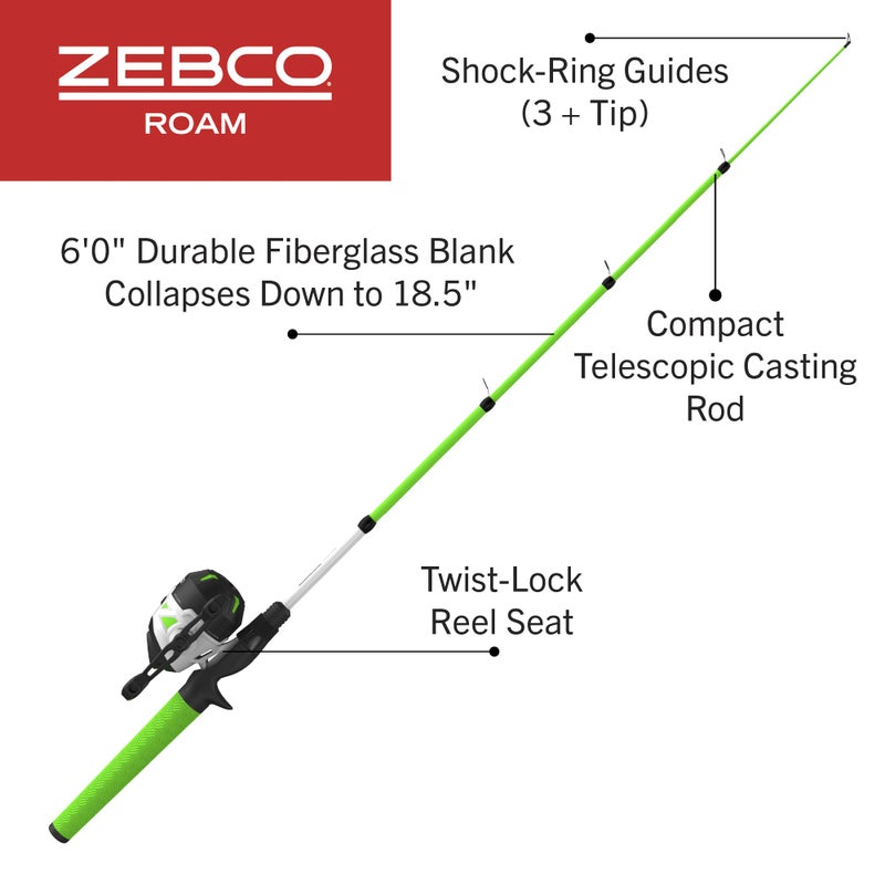 Zebco مجموعة بكرة صيد زيبكو روم وبكرة صيد تلسكوبية، قضيب صيد تلسكوب قابل للتمديد من 18.5 بوصة إلى 6 أقدام مع مقبض مريح، بكرة صيد مضادة للعكس بسرعة، أخضر، 30 - Image 2